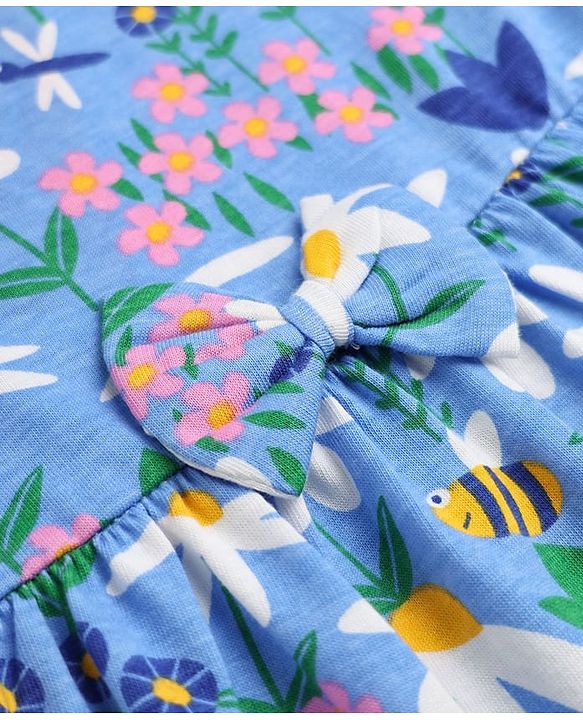 Babyhug Single Jersey Knit Half Sleeves Frock with Floral & Bees Print - Blue