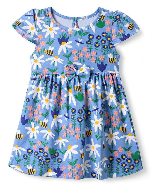 Babyhug Single Jersey Knit Half Sleeves Frock with Floral & Bees Print - Blue