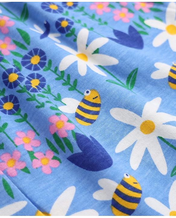 Babyhug Single Jersey Knit Half Sleeves Frock with Floral & Bees Print - Blue