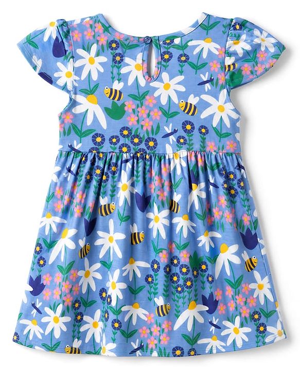 Babyhug Single Jersey Knit Half Sleeves Frock with Floral & Bees Print - Blue