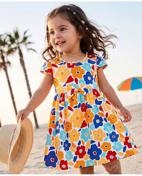 Babyhug Single Jersey Knit Cap Sleeves Floral Printed Frock With Bow Applique - White