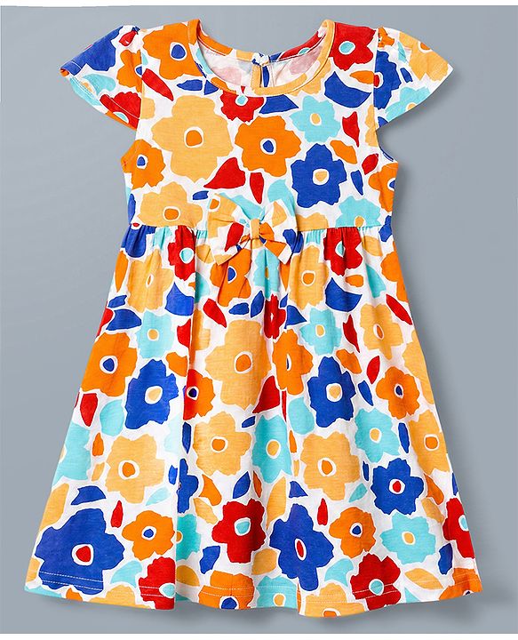 Babyhug Single Jersey Knit Cap Sleeves Floral Printed Frock With Bow Applique - White