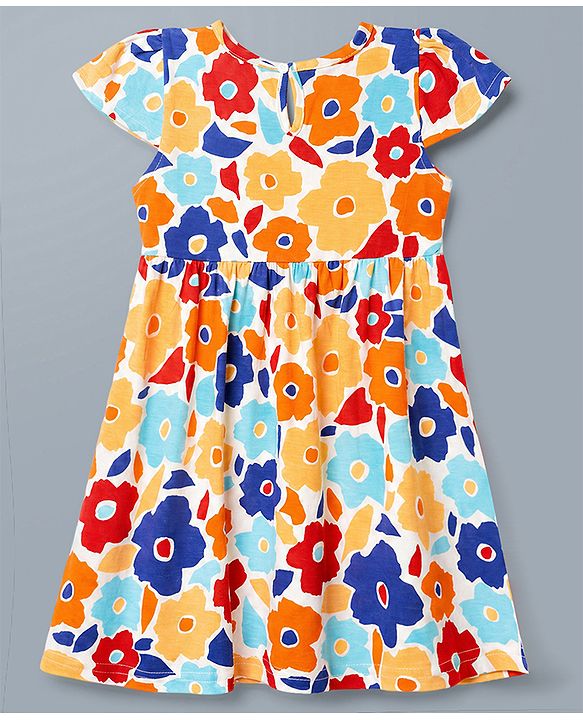 Babyhug Single Jersey Knit Cap Sleeves Floral Printed Frock With Bow Applique - White
