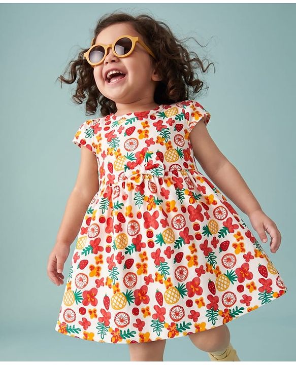 Babyhug Single Jersey Knit One Piece Dress with Half Sleeves and Tropical Fruit Print - White