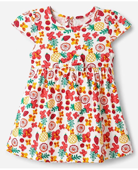 Babyhug Single Jersey Knit One Piece Dress with Half Sleeves and Tropical Fruit Print - White
