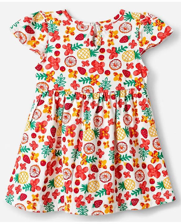 Babyhug Single Jersey Knit One Piece Dress with Half Sleeves and Tropical Fruit Print - White