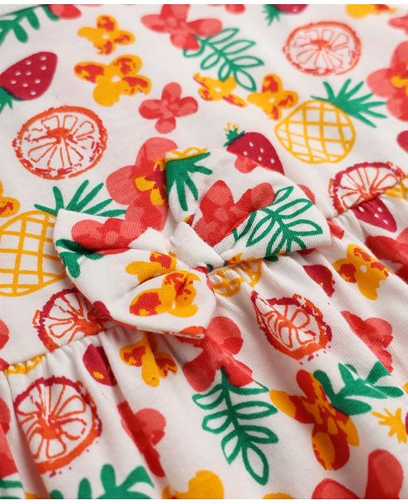 Babyhug Single Jersey Knit One Piece Dress with Half Sleeves and Tropical Fruit Print - White