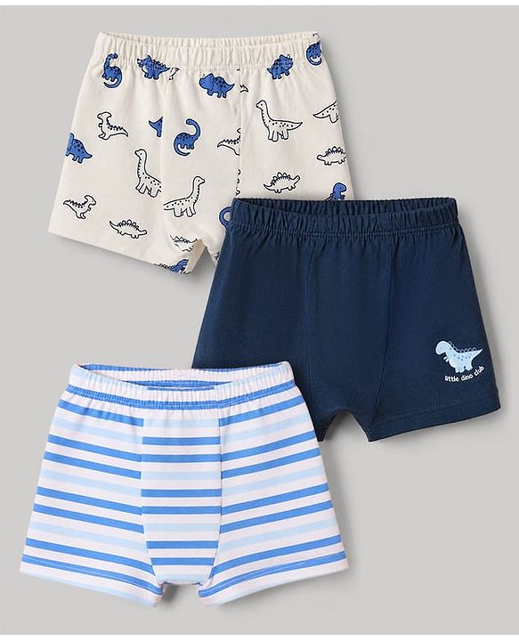 Babyhug 100% Cotton Knit Briefs with Dino & Stripes Print in Navy Blue & White Pack of 3