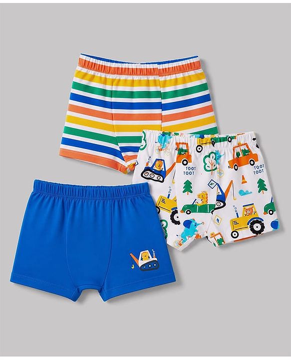 Babyhug 100% Cotton Single Jersey Knit Striped & JCB Printed Trunks Pack of 3 - Blue