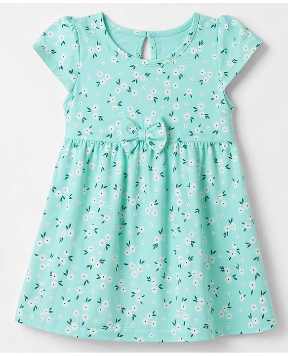 Babyhug Single Jersey Knit Half Sleeves One Piece Dress with Bow Applique and Floral Print - Aqua