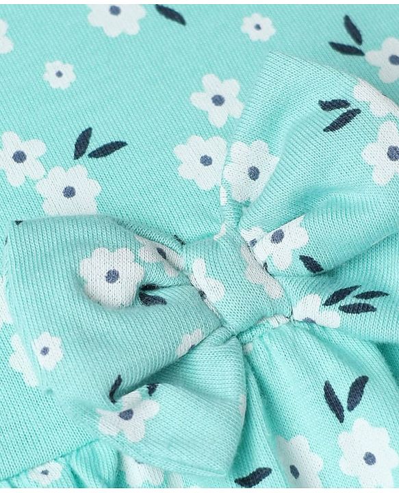 Babyhug Single Jersey Knit Half Sleeves One Piece Dress with Bow Applique and Floral Print - Aqua