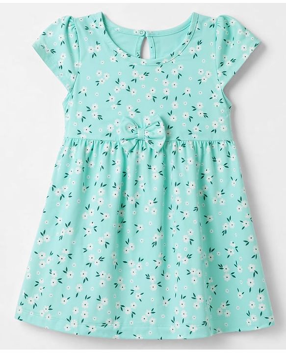Babyhug Single Jersey Knit Half Sleeves One Piece Dress with Bow Applique and Floral Print - Aqua