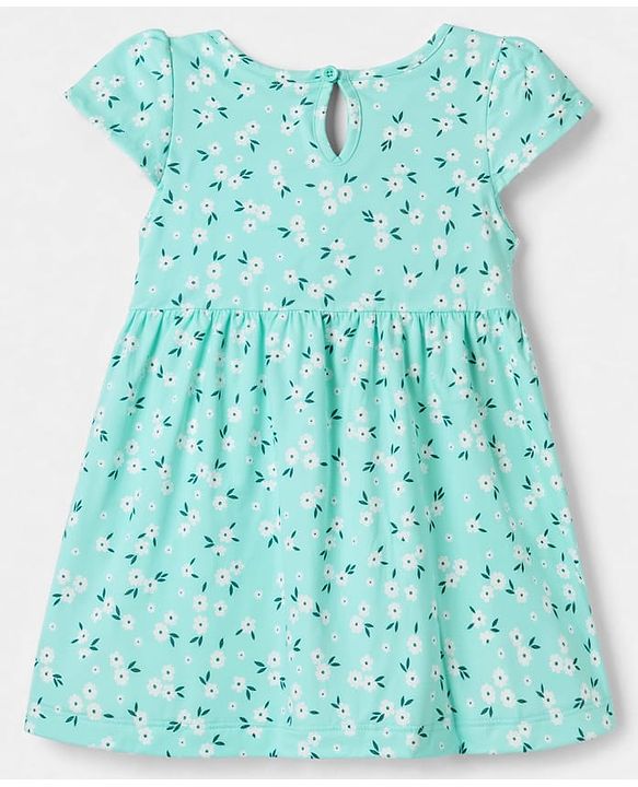 Babyhug Single Jersey Knit Half Sleeves One Piece Dress with Bow Applique and Floral Print - Aqua