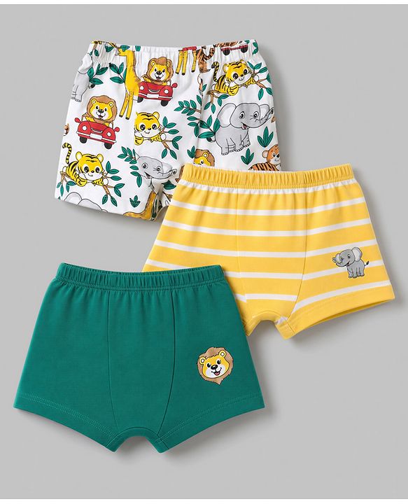 Babyhug 100% Cotton Single Jersey Knit Briefs With Animal Print & Stripes Pack of 3- Yellow, White & Green