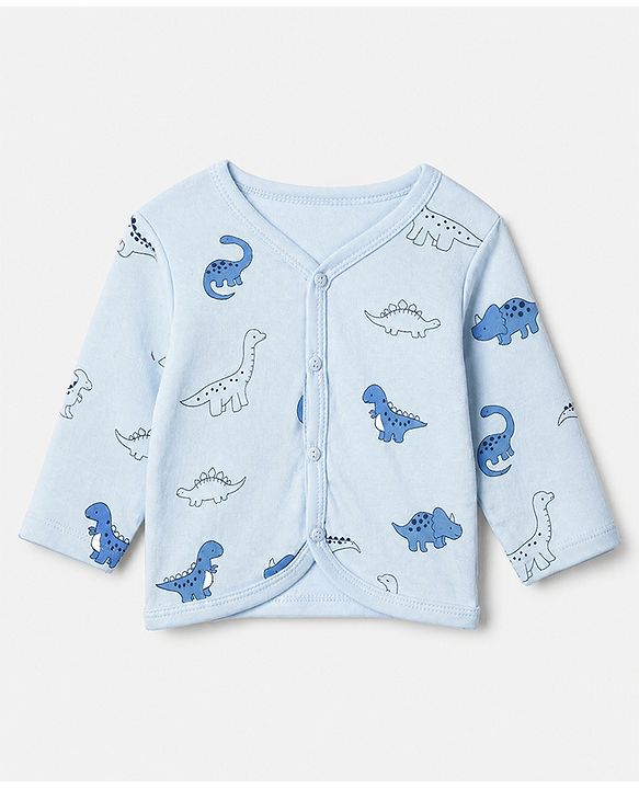 Babyhug 100% Cotton Interlock Knit Front Open Jhablas with Stripes & Dino Print in Blue & White Pack of 3