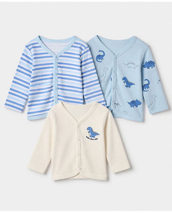 Babyhug 100% Cotton Interlock Knit Front Open Jhablas with Stripes & Dino Print in Blue & White Pack of 3