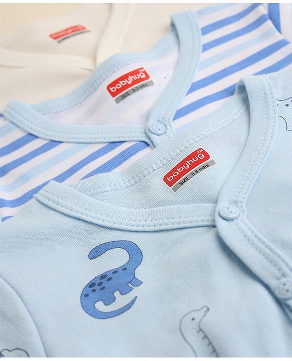Babyhug 100% Cotton Interlock Knit Front Open Jhablas with Stripes & Dino Print in Blue & White Pack of 3
