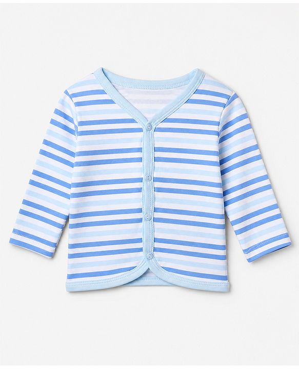 Babyhug 100% Cotton Interlock Knit Front Open Jhablas with Stripes & Dino Print in Blue & White Pack of 3