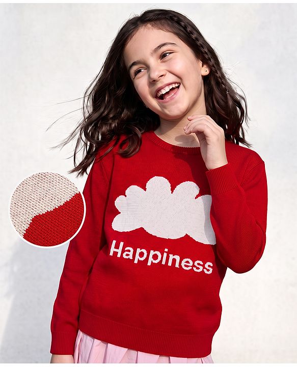 Pine Kids Pullover with Full Sleeves and Cloud Design - Red