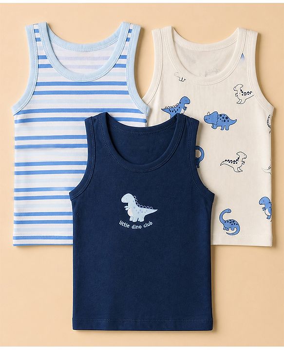 Babyhug 100% Cotton Single Jersey Knit Vests with Dino & Stripes Print in Blue & White Pack of 3