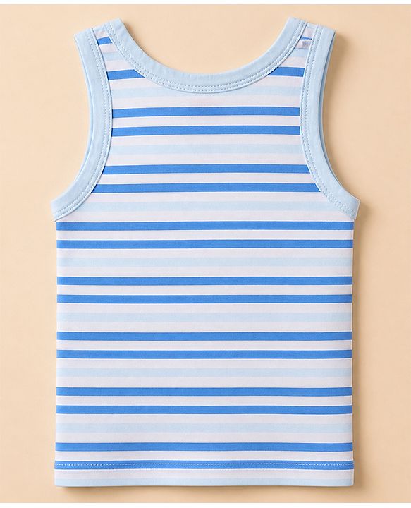 Babyhug 100% Cotton Single Jersey Knit Vests with Dino & Stripes Print in Blue & White Pack of 3