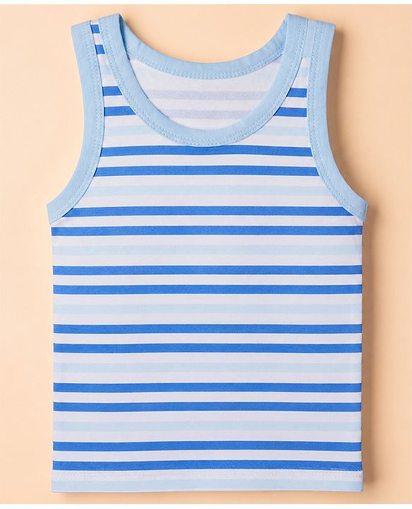 Babyhug 100% Cotton Single Jersey Knit Vests with Dino & Stripes Print in Blue & White Pack of 3