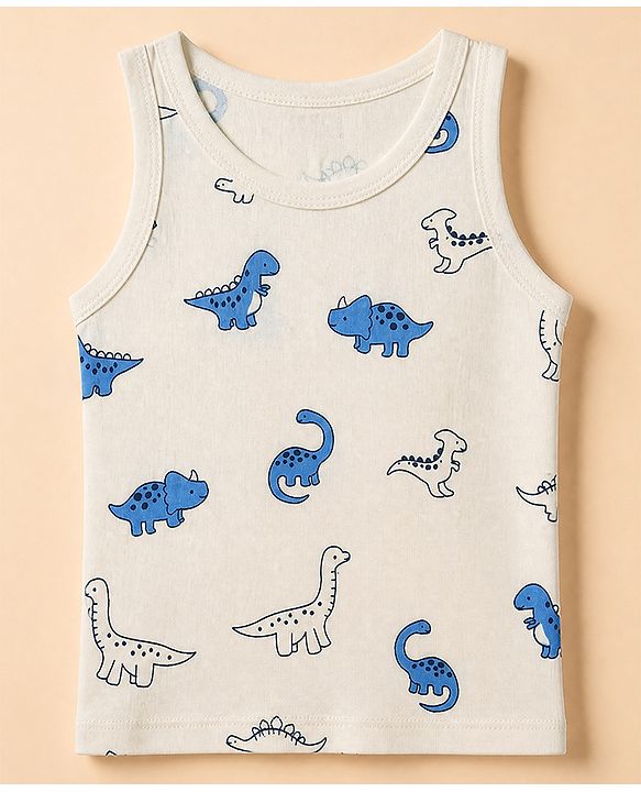 Babyhug 100% Cotton Single Jersey Knit Vests with Dino & Stripes Print in Blue & White Pack of 3