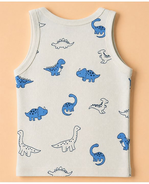 Babyhug 100% Cotton Single Jersey Knit Vests with Dino & Stripes Print in Blue & White Pack of 3