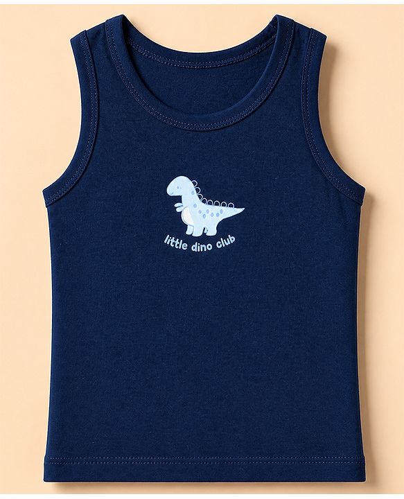 Babyhug 100% Cotton Single Jersey Knit Vests with Dino & Stripes Print in Blue & White Pack of 3