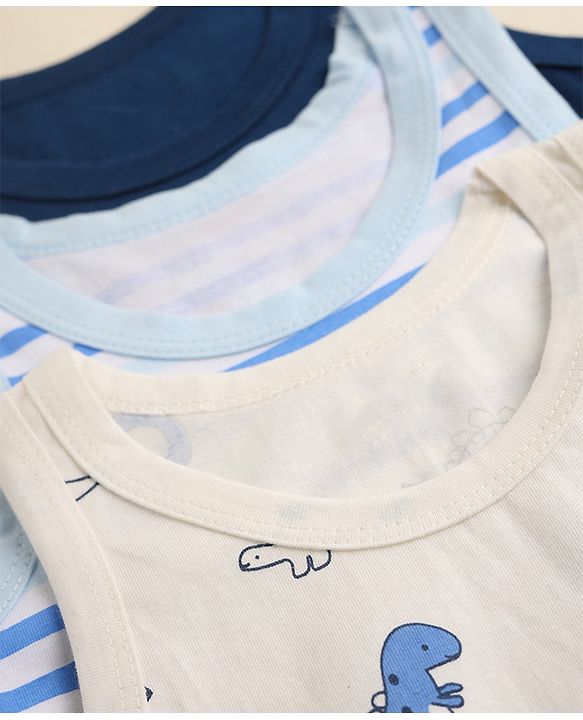 Babyhug 100% Cotton Single Jersey Knit Vests with Dino & Stripes Print in Blue & White Pack of 3