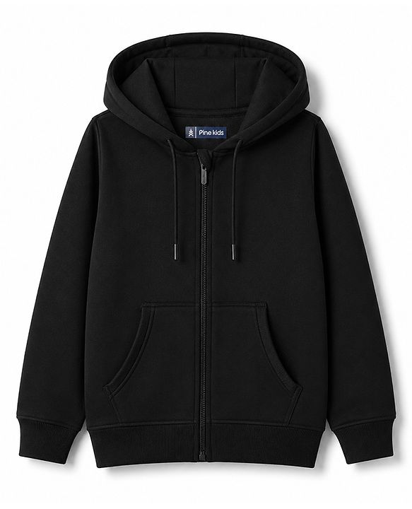 Pine Kids Cotton Mix Knit Full Sleeves Hooded Sweatshirt With Kangaroo Pockets - Black