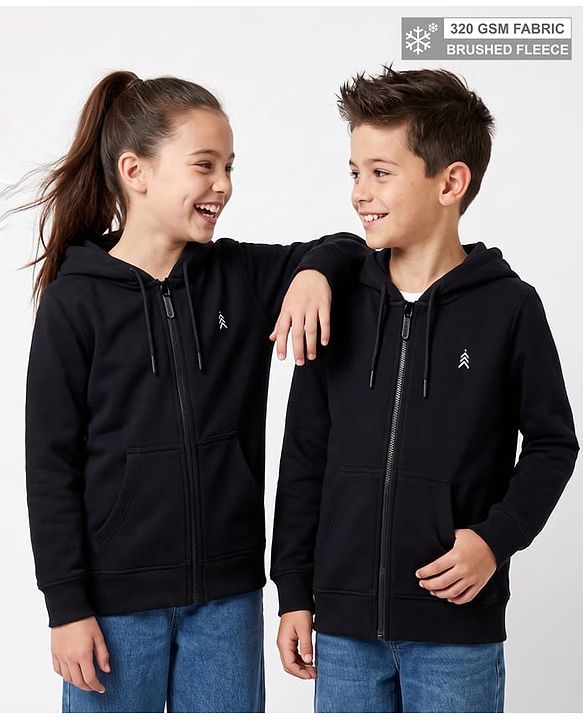 Pine Kids Cotton Mix Knit Full Sleeves Hooded Sweatshirt With Kangaroo Pockets - Black
