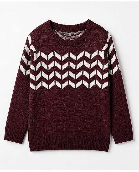 Pine Kids Knit Pullover with Full Sleeves and Chevron Design - Burgundy & Beige