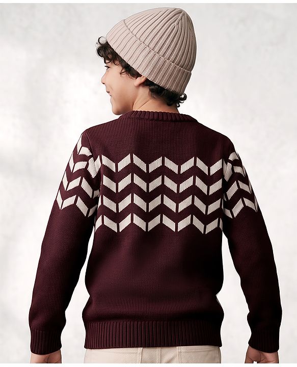 Pine Kids Knit Pullover with Full Sleeves and Chevron Design - Burgundy & Beige