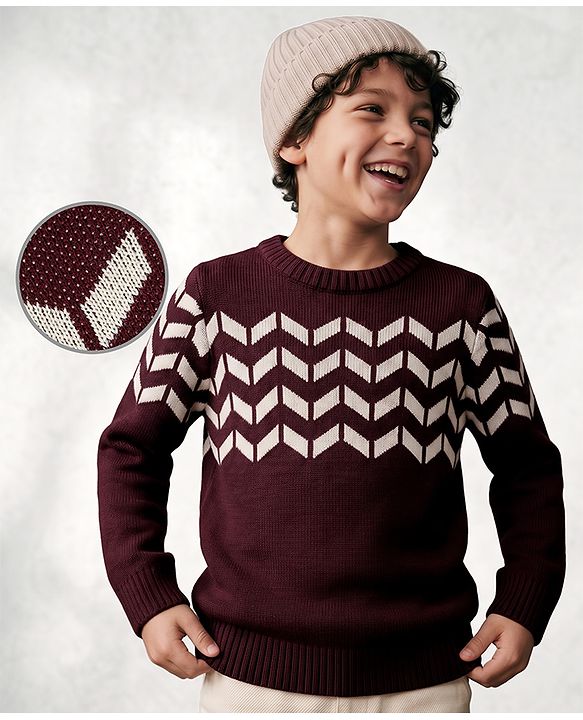 Pine Kids Knit Pullover with Full Sleeves and Chevron Design - Burgundy & Beige