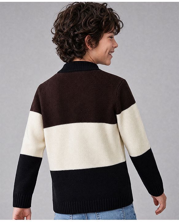 Pine Kids Cotton Blend Knit Front Open Sweater with Full Sleeves & Cable Knit Design - White