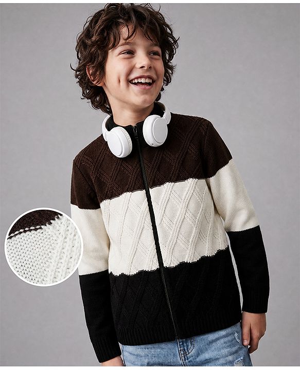 Pine Kids Cotton Blend Knit Front Open Sweater with Full Sleeves & Cable Knit Design - White