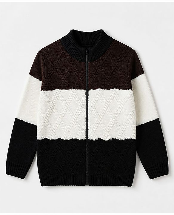 Pine Kids Cotton Blend Knit Front Open Sweater with Full Sleeves & Cable Knit Design - White