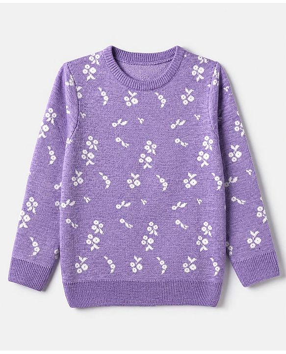 Pine Kids Knit Pullover with Full Sleeves and Floral Design in Purple for 4-5 Years