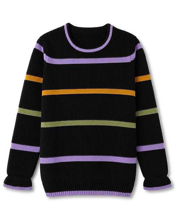 Pine Kids Knit Striped Full Sleeves Pullovers - Black