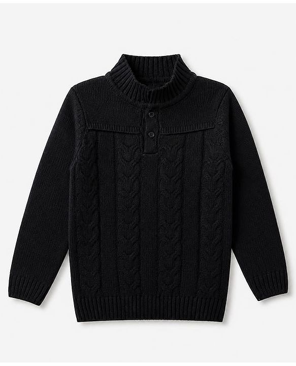 Pine Kids Knit Pullover with Full Sleeves and Cable Knit Design in Black