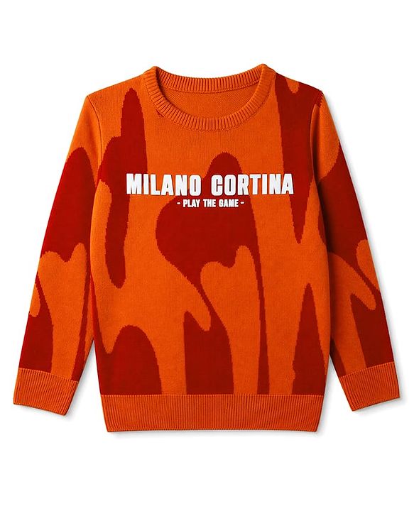 Pine Kids Knit Full Sleeves Text Printed Pullover Sweater - Neon Orange