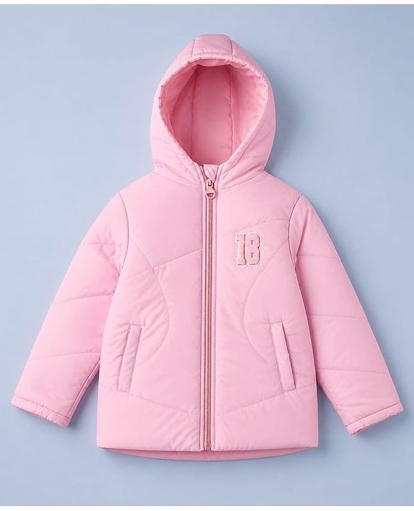 Pine Kids Woven Hoodie with Full Sleeves and 18 Applique in Light Pink