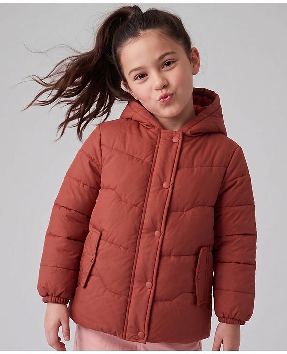 Pine Kids Woven Full Sleeves Hooded Padded Winter Jacket - Rust Orange