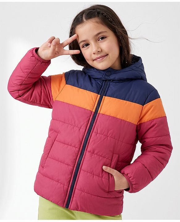 Pine Kids Woven Hoodie with Full Sleeves and Color Block in Pink Blue