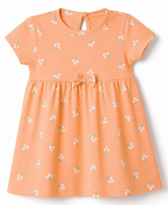 Babyhug Single Jersey Knit Half Sleeves Floral Printed Frock With Bloomer & Bow Applique - Peach