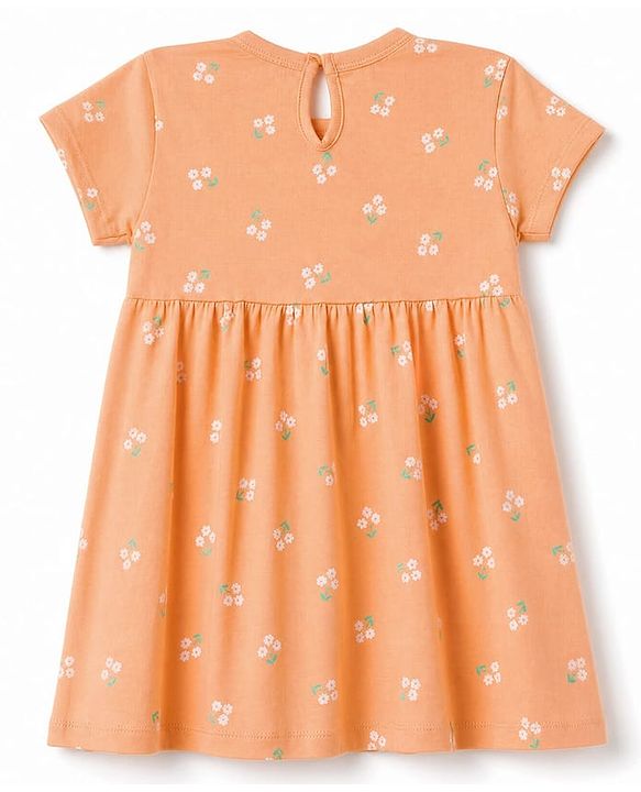 Babyhug Single Jersey Knit Half Sleeves Floral Printed Frock With Bloomer & Bow Applique - Peach