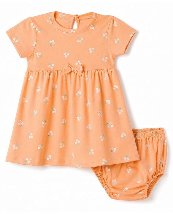Babyhug Single Jersey Knit Half Sleeves Floral Printed Frock With Bloomer & Bow Applique - Peach