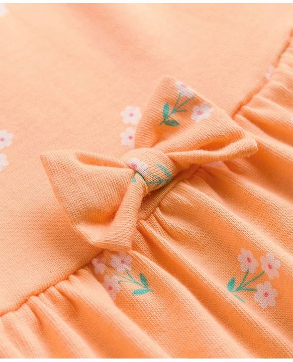 Babyhug Single Jersey Knit Half Sleeves Floral Printed Frock With Bloomer & Bow Applique - Peach