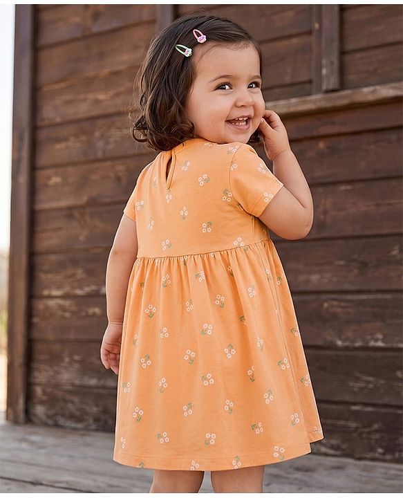 Babyhug Single Jersey Knit Half Sleeves Floral Printed Frock With Bloomer & Bow Applique - Peach